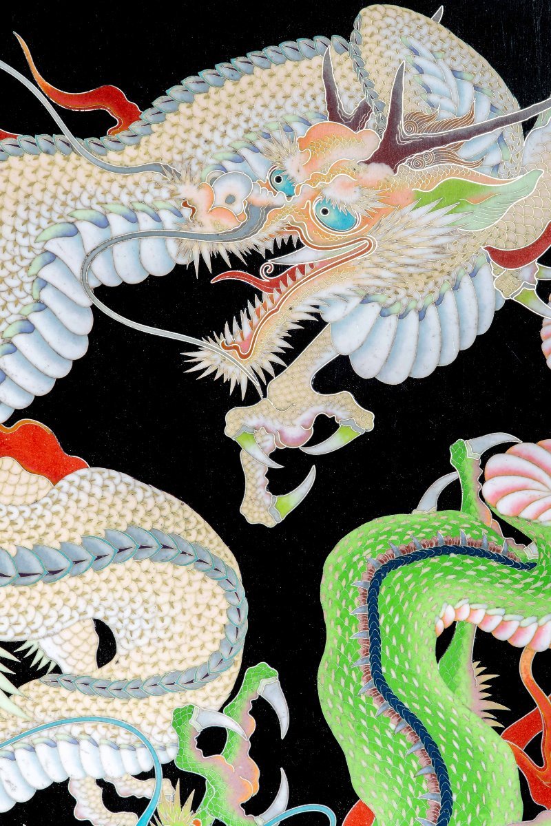 Placca cloisonné raffigurante due draghi Ryu con le fauci spalancate-photo-3