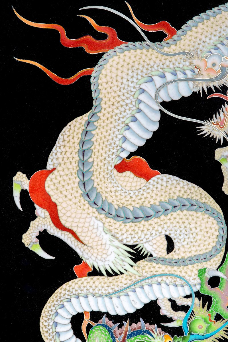 Placca cloisonné raffigurante due draghi Ryu con le fauci spalancate-photo-4