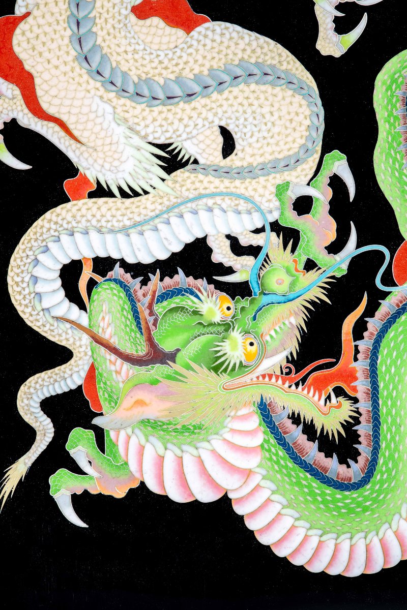 Placca cloisonné raffigurante due draghi Ryu con le fauci spalancate-photo-1