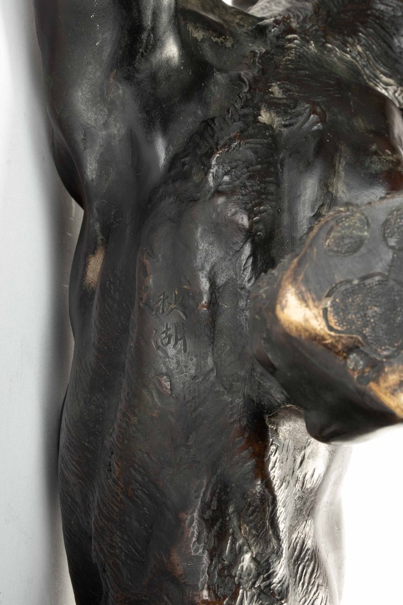 Scultura in bronzo patinato raffigurante lo studio di una potente tigre ruggente-photo-5