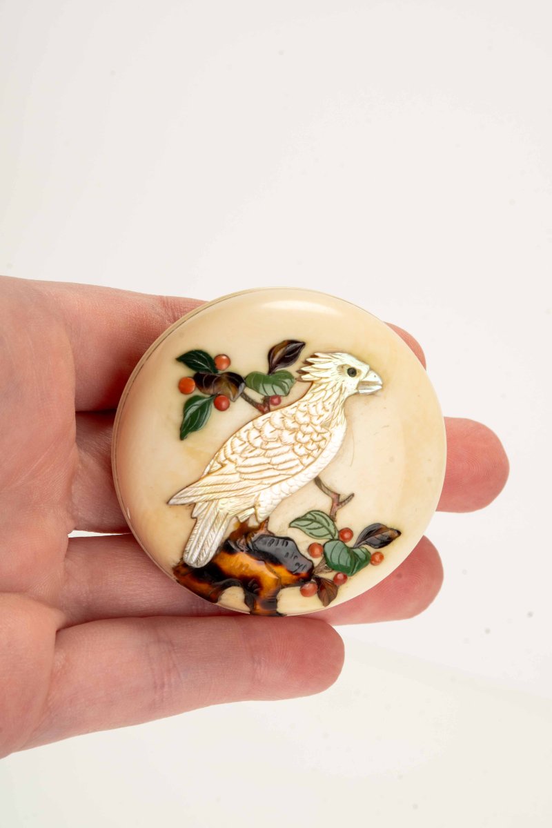 Netsuke manju in avorio e intarsi Shibayama raffigurante un falco-photo-4