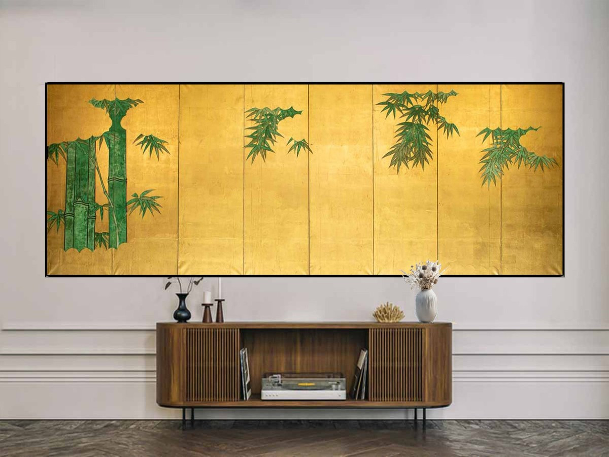 Paravento a otto pannelli decorato con piante di bambù su foglia oro