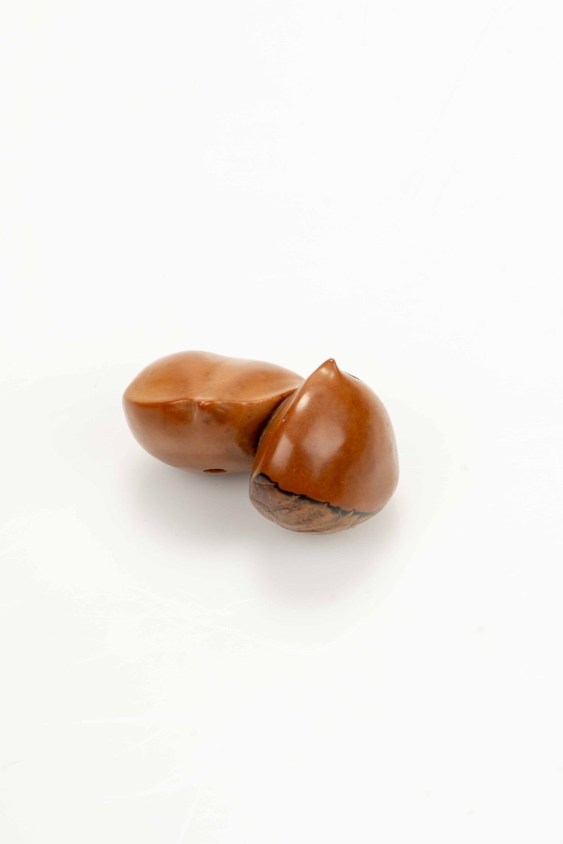 Netsuke in noce di corozo raffigurante due castagne, firmato Ikko-photo-2