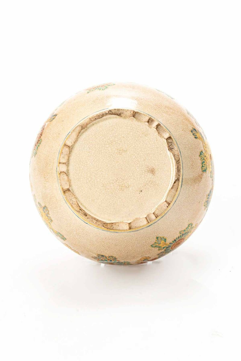 Koro giapponese in ceramica Satsuma Gosu blue decorato con crisantemi-photo-2