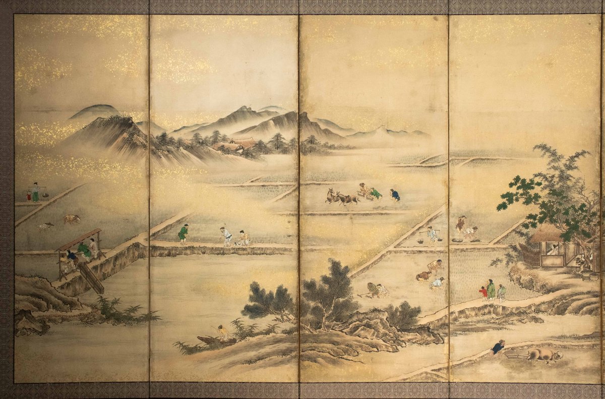 Paravento a sei pannelli raffigurante un paesaggio agricolo, firmato Eisho Kano -photo-2