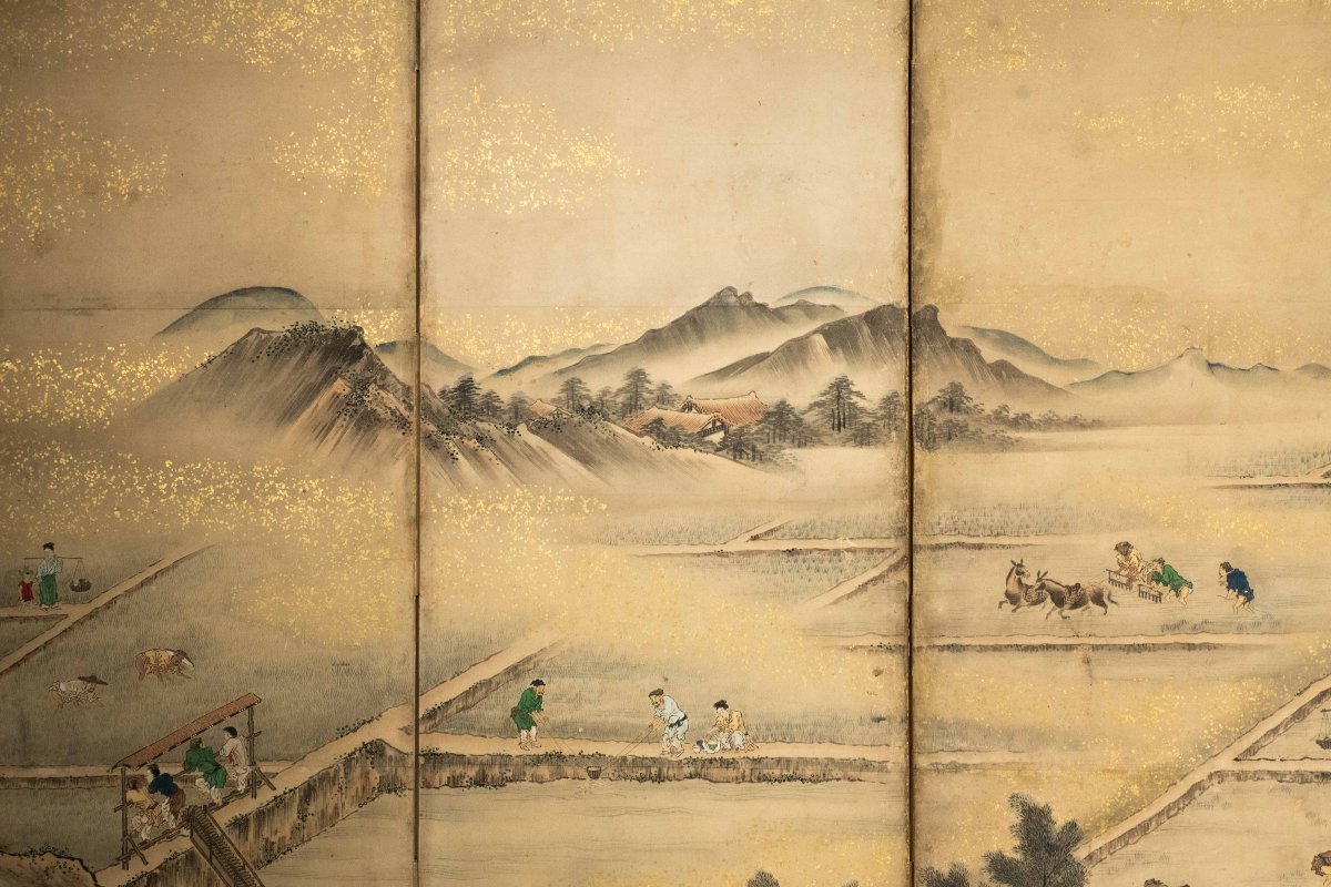 Paravento a sei pannelli raffigurante un paesaggio agricolo, firmato Eisho Kano -photo-1