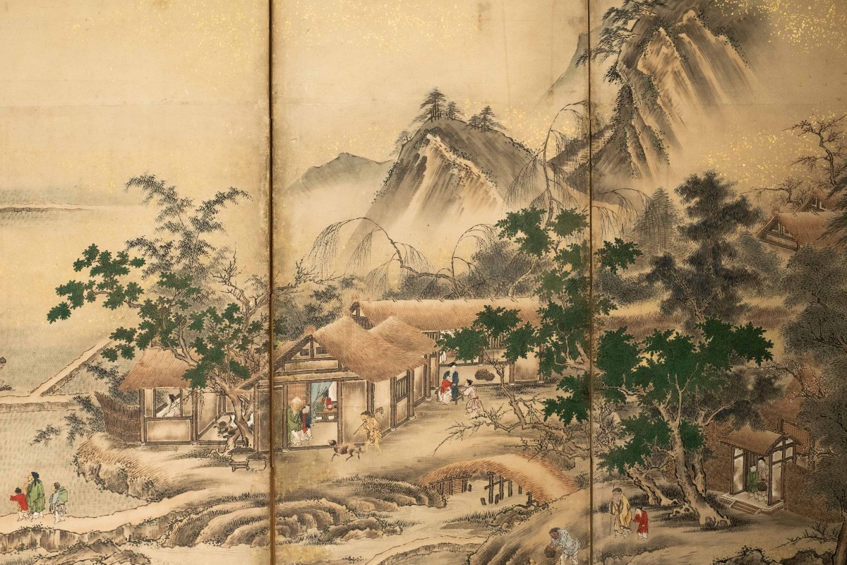 Paravento a sei pannelli raffigurante un paesaggio agricolo, firmato Eisho Kano -photo-2