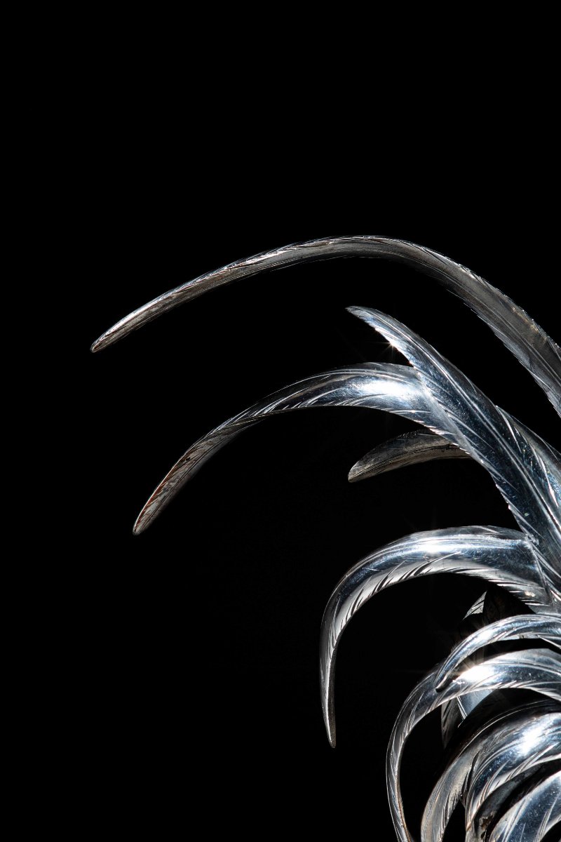 Okimono in bronzo argentato raffigurante un gallo firmato Yoshiaki-photo-1