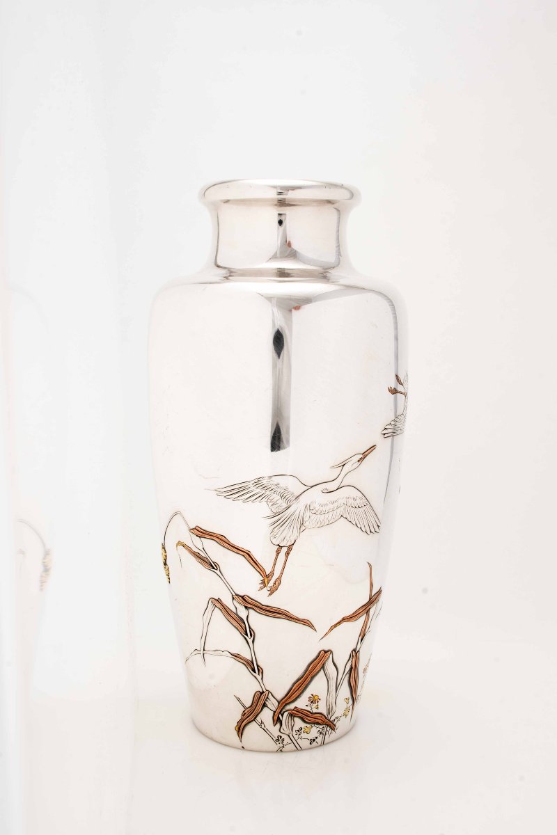 Vaso imperiale in argento con garzette in volo firmato Shoshu Sai per Miyamoto company-photo-3