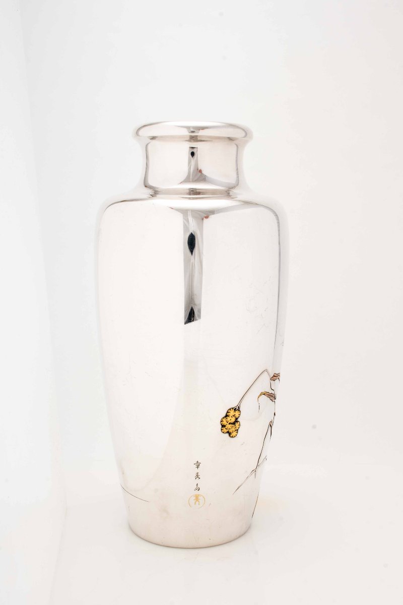 Vaso imperiale in argento con garzette in volo firmato Shoshu Sai per Miyamoto company-photo-4