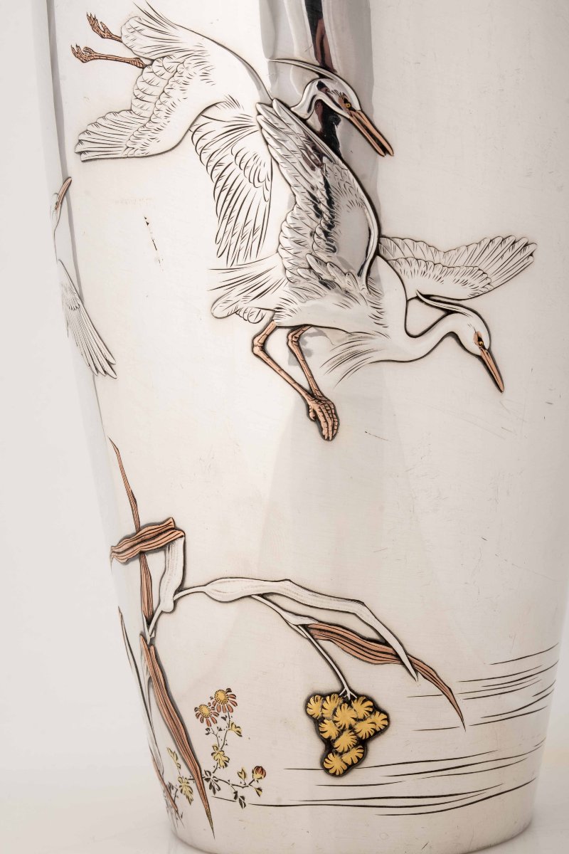 Vaso imperiale in argento con garzette in volo firmato Shoshu Sai per Miyamoto company-photo-4