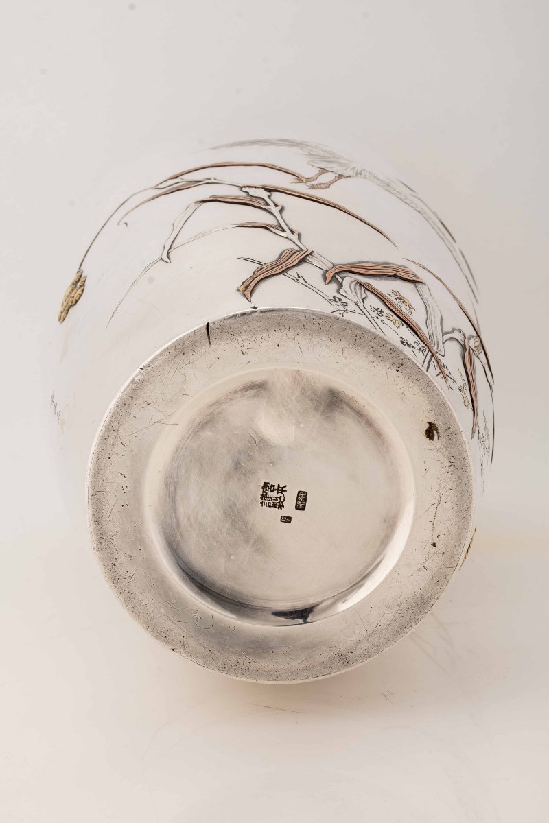 Vaso imperiale in argento con garzette in volo firmato Shoshu Sai per Miyamoto company-photo-5
