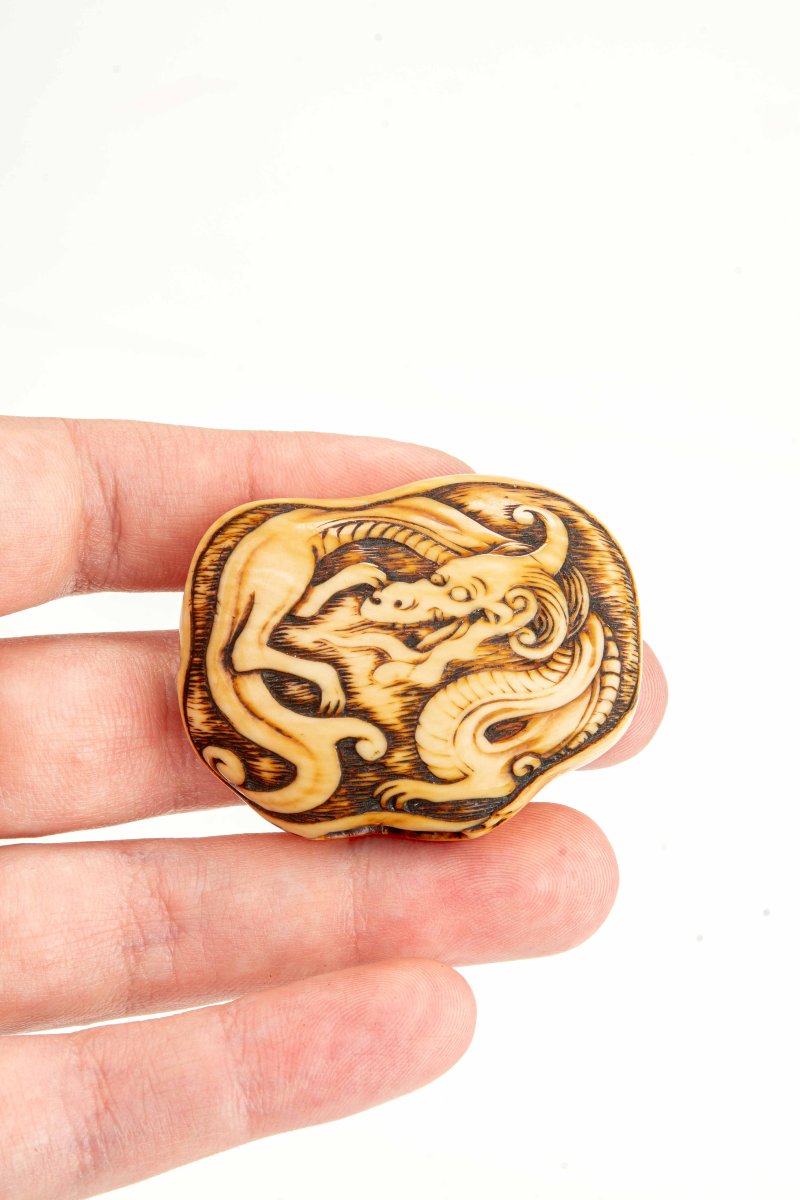 Netsuke manju giapponese in avorio raffigurante un drago avvolto su se stesso-photo-4