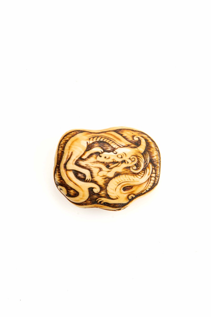 Netsuke manju giapponese in avorio raffigurante un drago avvolto su se stesso