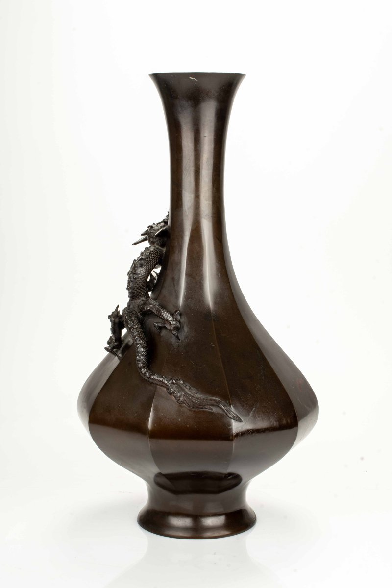 Vaso in bronzo giapponese con drago Ryu a rilievo, firmato Maruki sei-photo-4