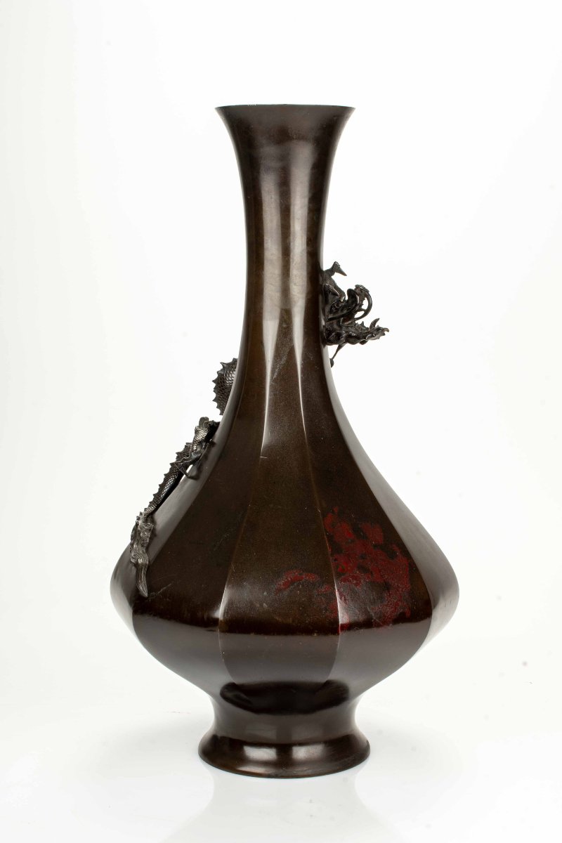 Vaso in bronzo giapponese con drago Ryu a rilievo, firmato Maruki sei-photo-1