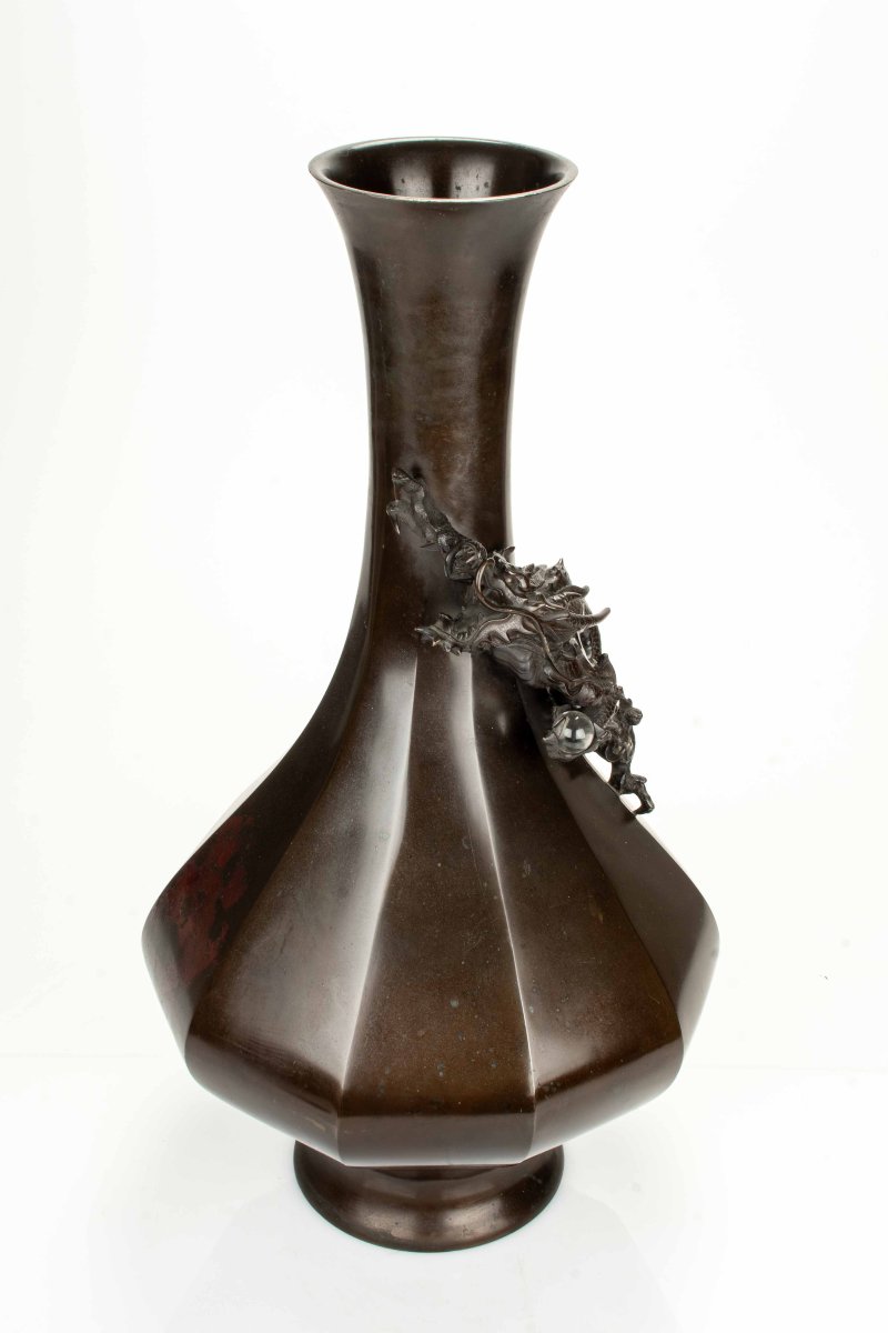 Vaso in bronzo giapponese con drago Ryu a rilievo, firmato Maruki sei-photo-3