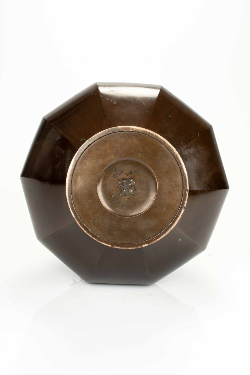 Vaso in bronzo giapponese con drago Ryu a rilievo, firmato Maruki sei-photo-4