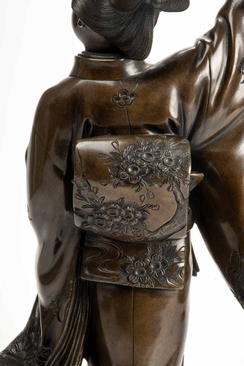 Scultura giapponese in bronzo raffigurante una danzatrice con ventaglio-photo-4