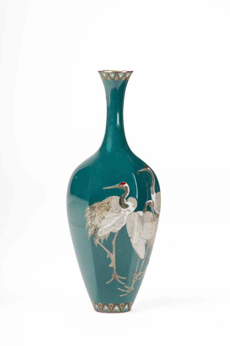 Vaso cloisonné raffigurante tre gru della Manciuria su fondo turchese-photo-2