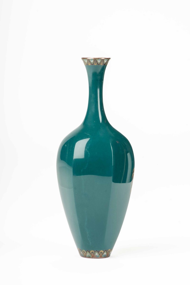 Vaso cloisonné raffigurante tre gru della Manciuria su fondo turchese-photo-3