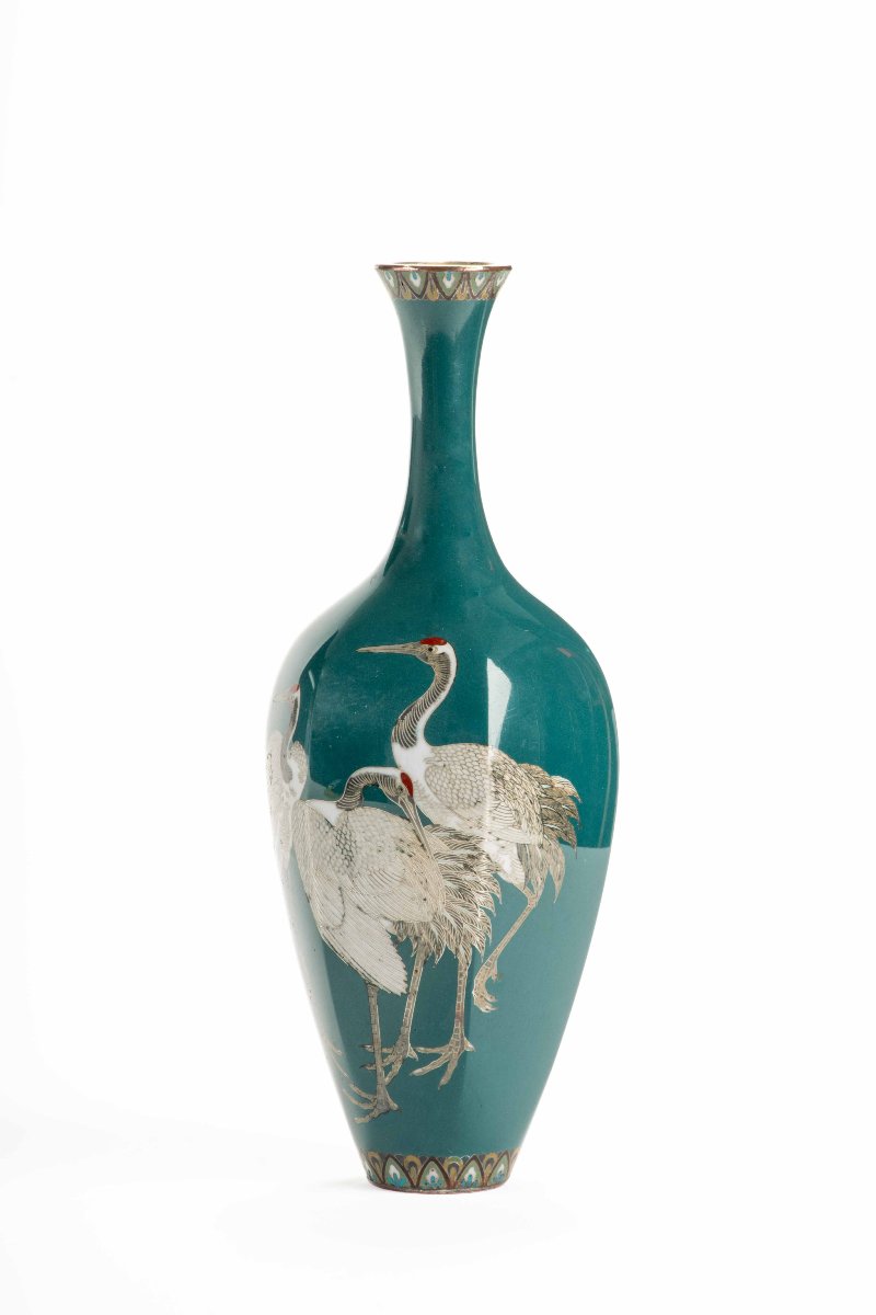 Vaso cloisonné raffigurante tre gru della Manciuria su fondo turchese-photo-4