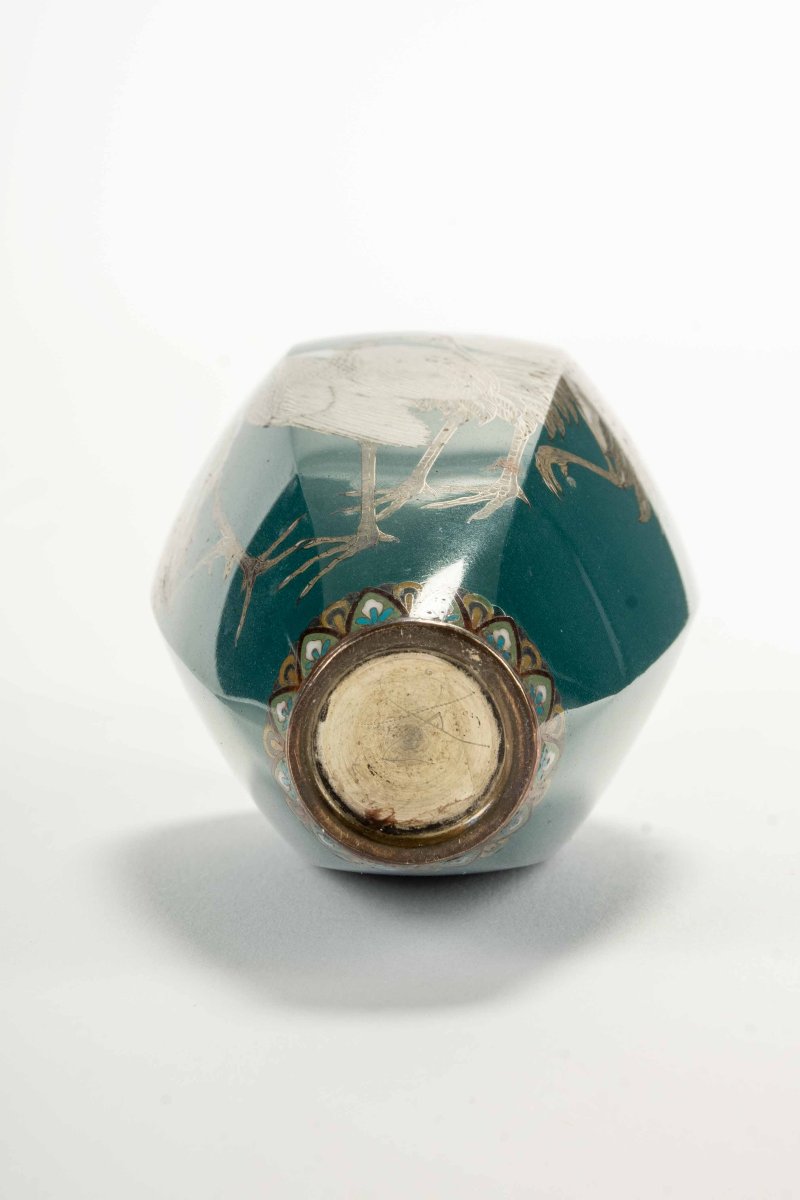 Vaso cloisonné raffigurante tre gru della Manciuria su fondo turchese-photo-1
