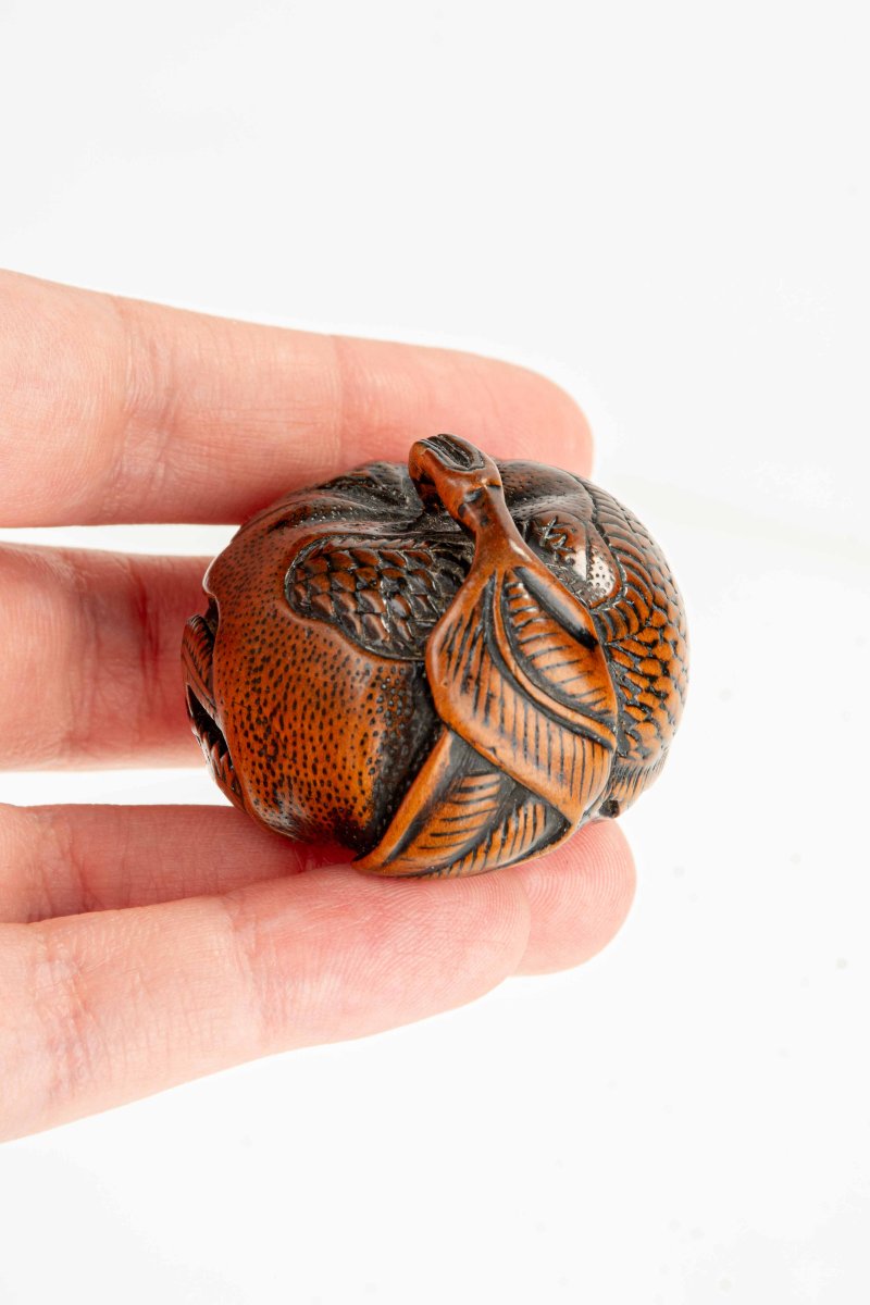 Netsuke in legno di bosso raffigurante un mandarino con drago inciso, firmato Tomomitsu-photo-5