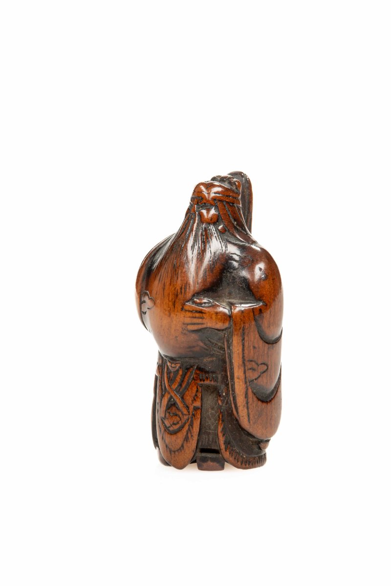  Netsuke in legno di bosso raffigurante il generale Guan Yu-photo-2