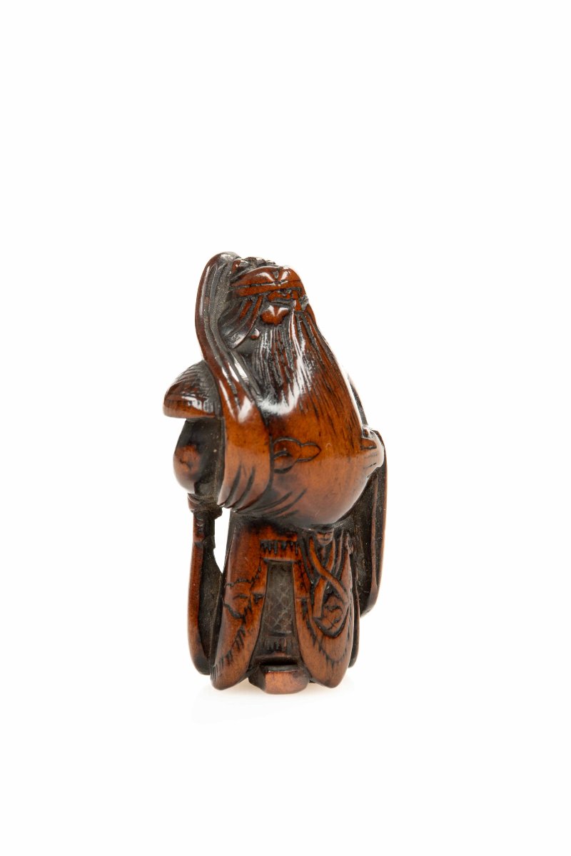  Netsuke in legno di bosso raffigurante il generale Guan Yu-photo-1