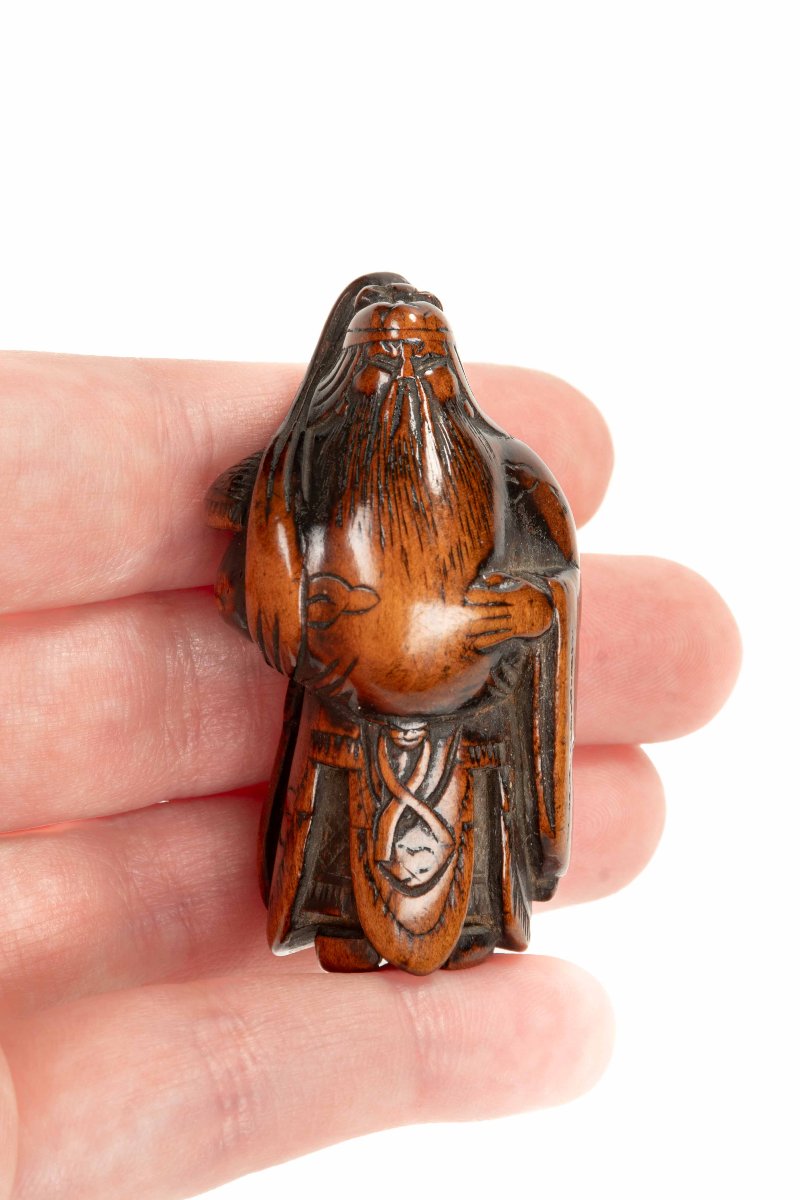  Netsuke in legno di bosso raffigurante il generale Guan Yu-photo-3