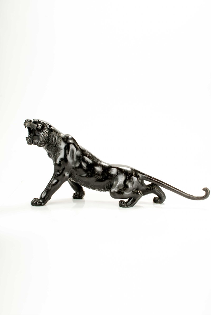 Okimono in bronzo patinato raffigurante una tigre ruggente, firmato Maruki company e Atsuyoshi-photo-3