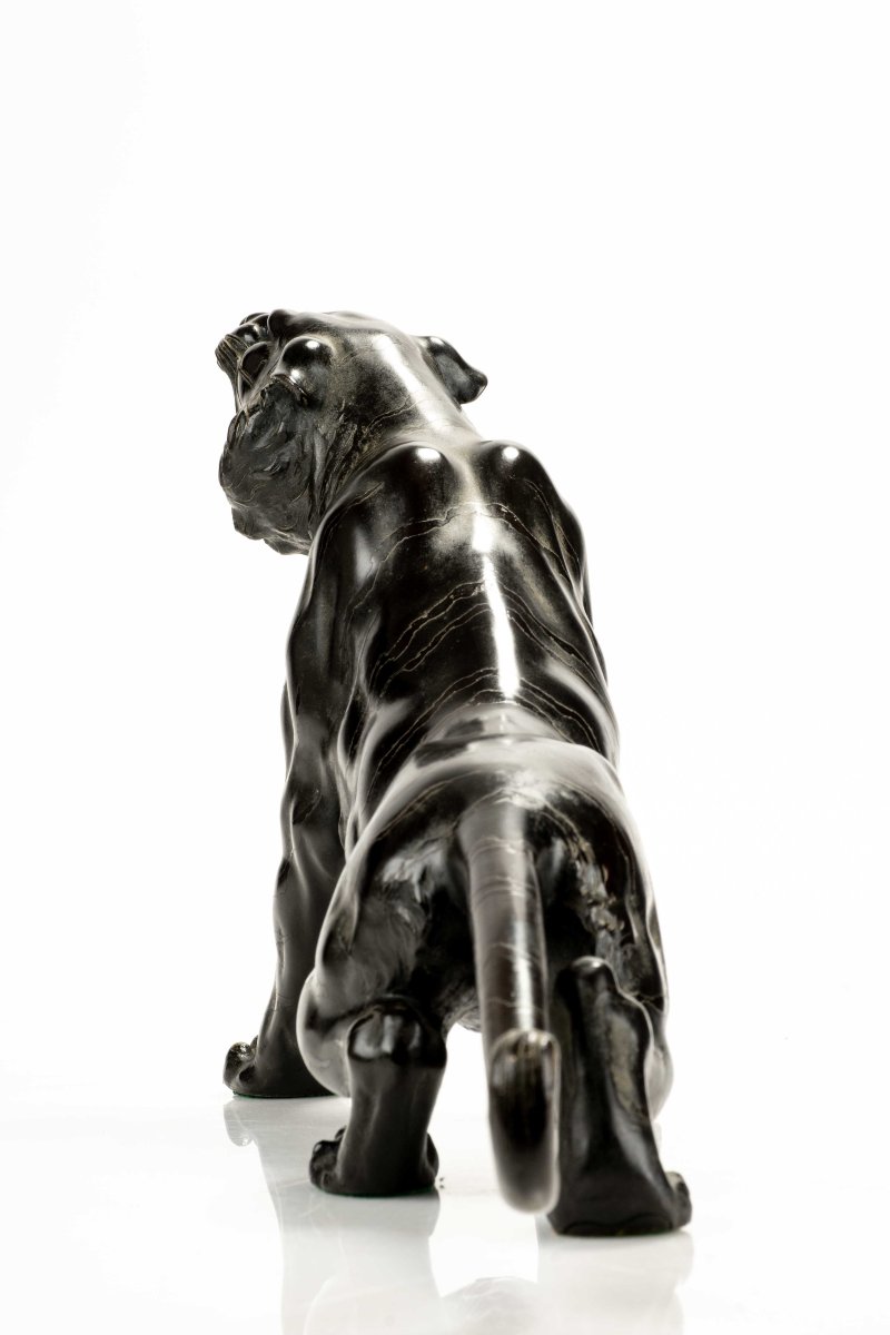 Okimono in bronzo patinato raffigurante una tigre ruggente, firmato Maruki company e Atsuyoshi-photo-4