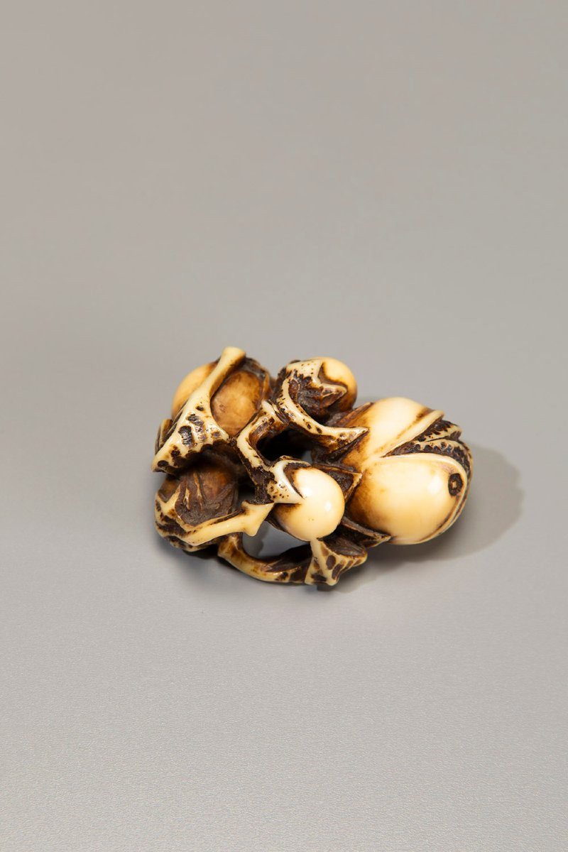 Netsuke in avorio raffigurante un gruppo di melanzane-photo-2
