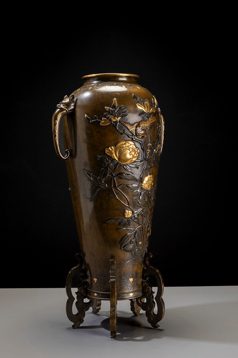 Vaso a balaustro in bronzo patinato con ricchi intarsi e motivi naturalistici-photo-3