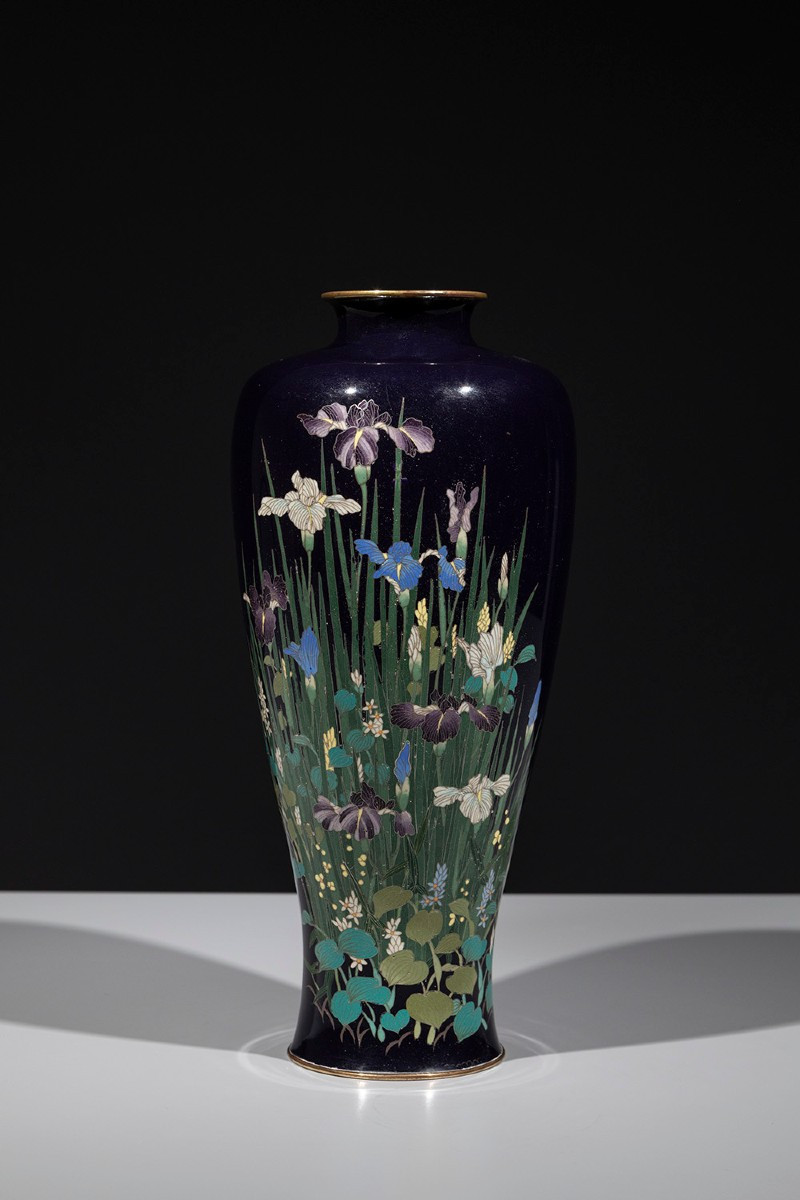 Vaso cloisonné raffigurante una composizione di iris e piante acquatiche