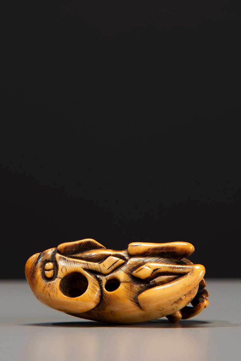 Netsuke in avorio raffigurante un cervo accovacciato-photo-1