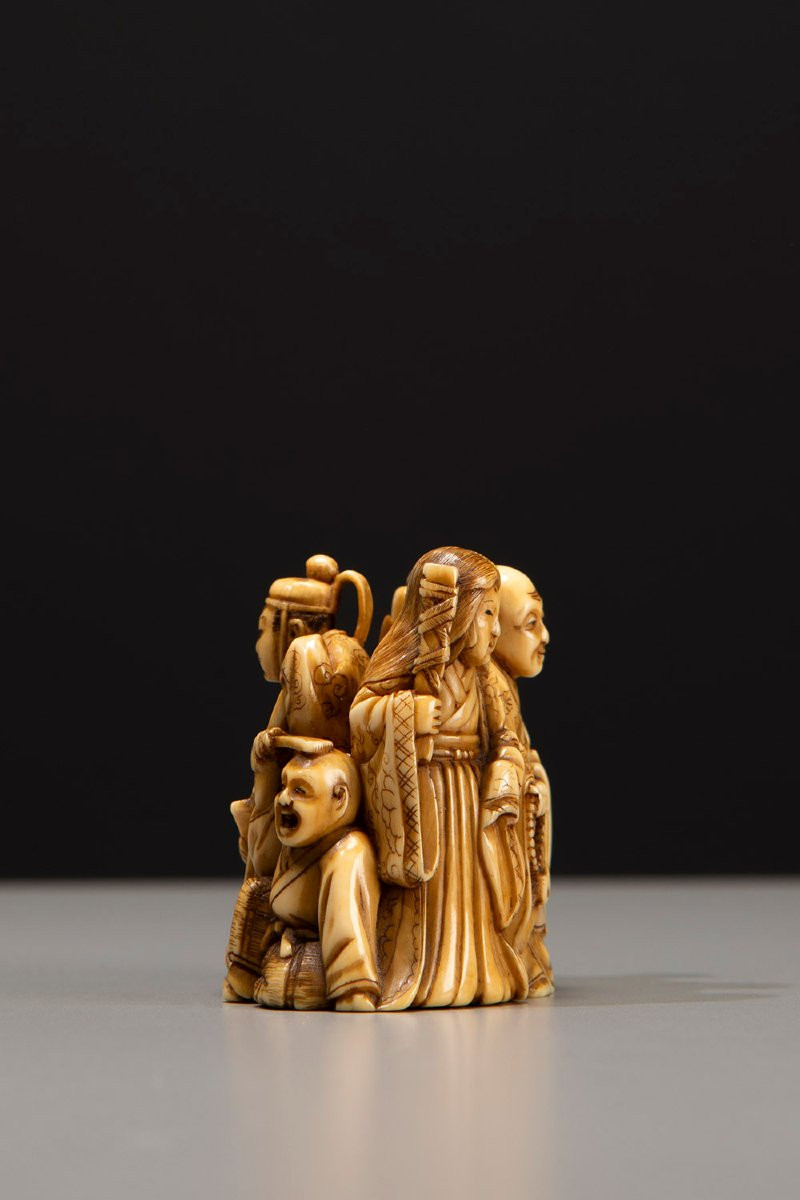 Netsuke in avorio raffigurante i Sei Poeti Immortali, firmato Gyokuzan-photo-2