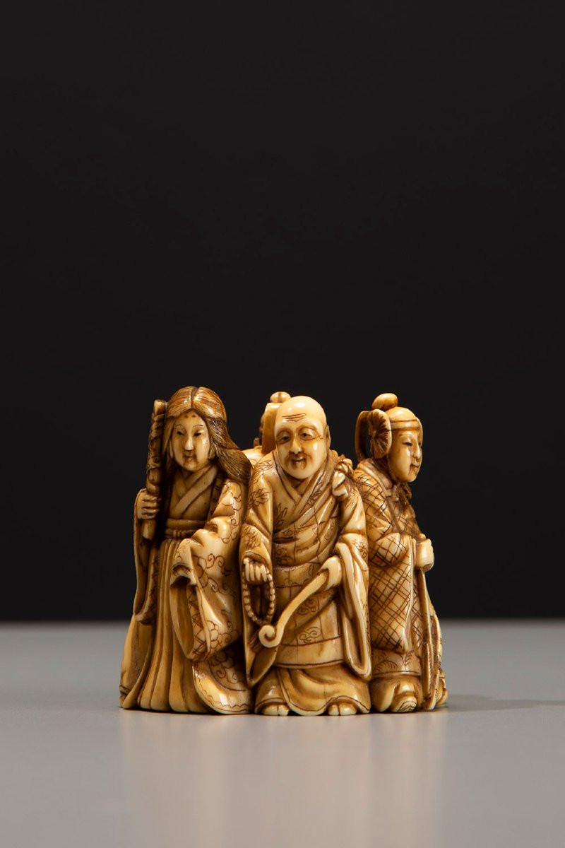 Netsuke in avorio raffigurante i Sei Poeti Immortali, firmato Gyokuzan-photo-3