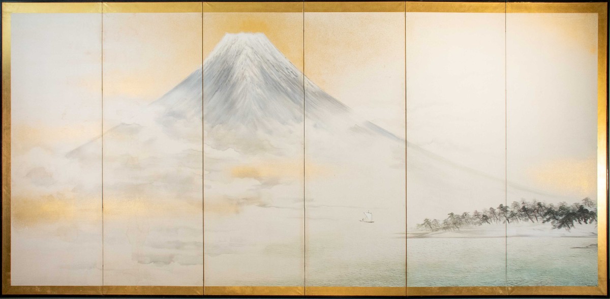 Paravento a sei pannelli raffigurante il Monte Fuji visto dal lago Kawaguchi
