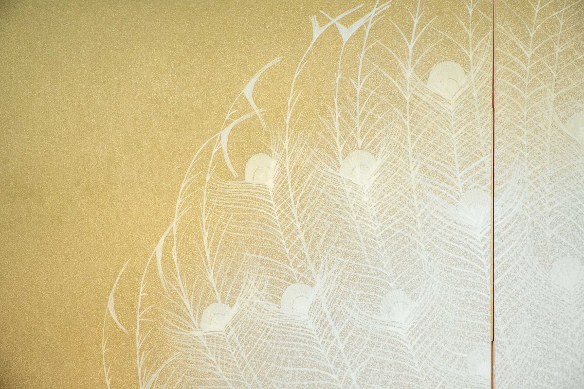 Paravento a quattro pannelli raffigurante un pavone bianco, firmato Yukihiko Kurihara-photo-3