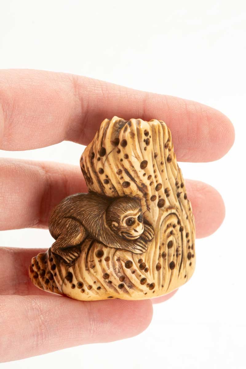 Netsuke in avorio raffigurante una scimmia su una roccia-photo-4