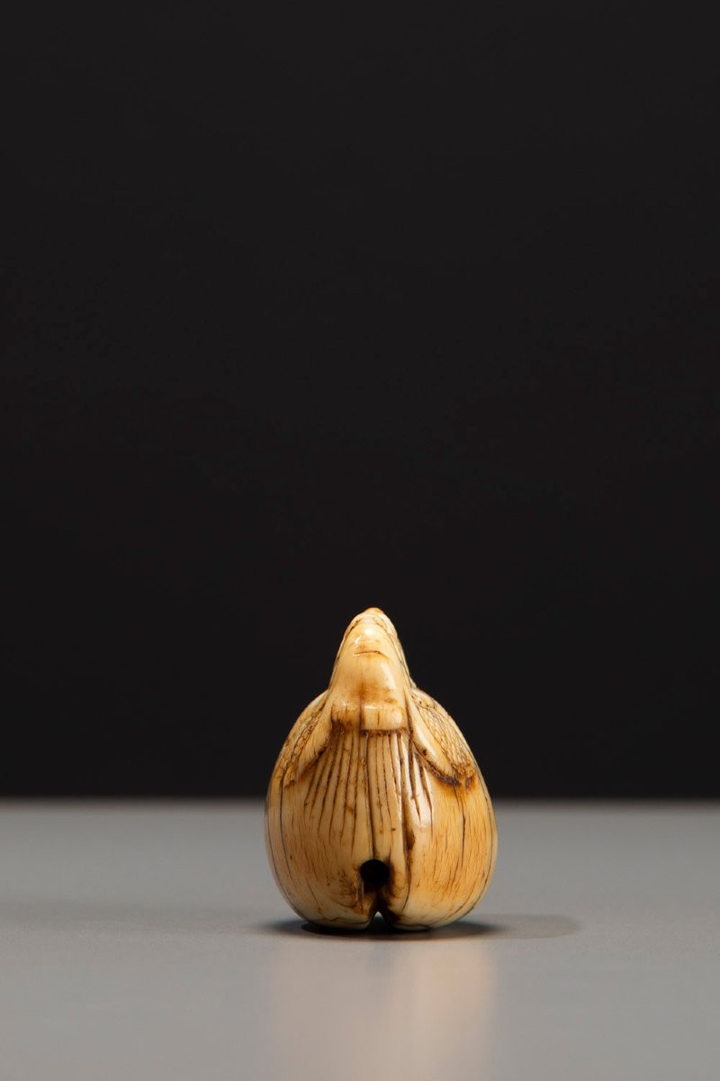 Netsuke in avorio raffigurante un mokugyo con due teste di drago e sacro gioello buddista-photo-4