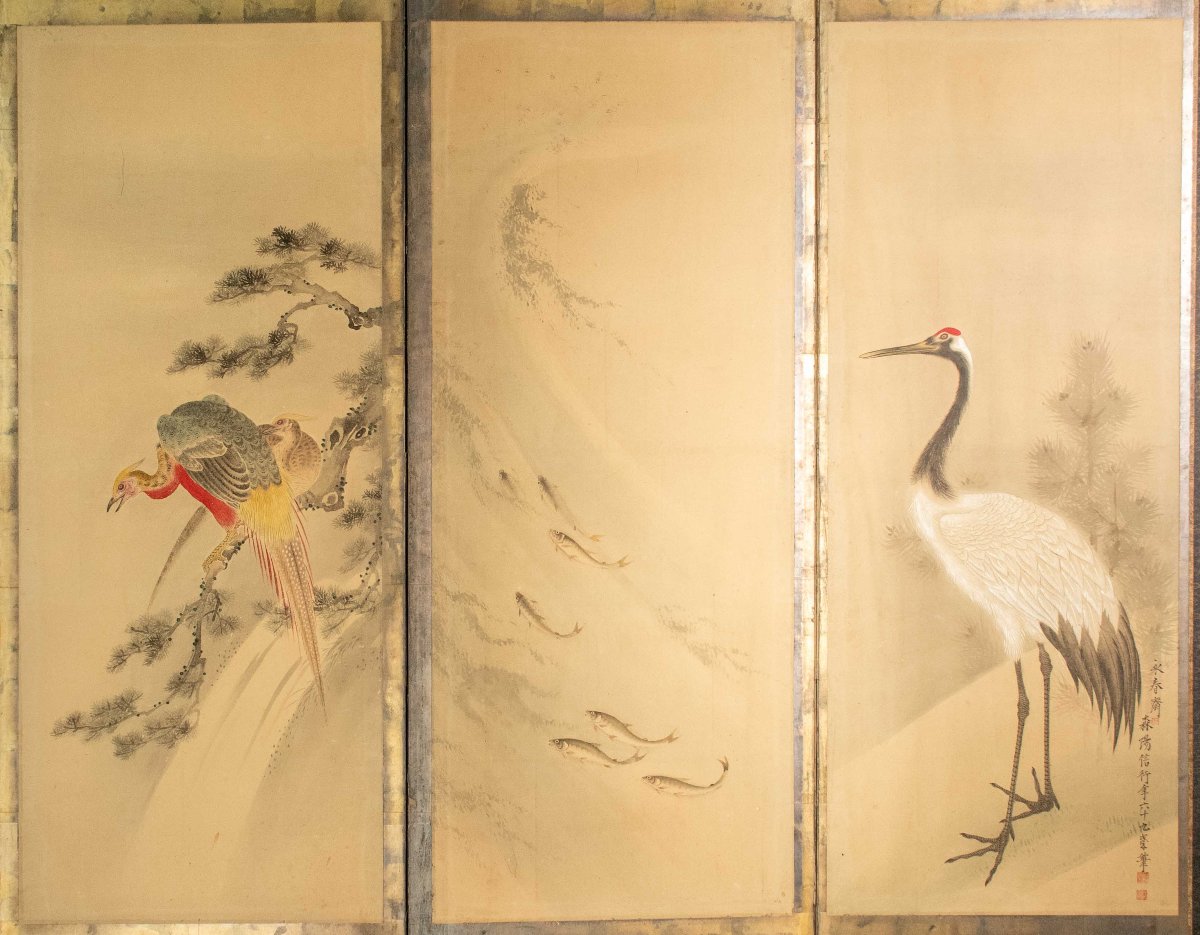 Paravento a sei pannelli raffigurante animali simbolici e peonie-photo-4