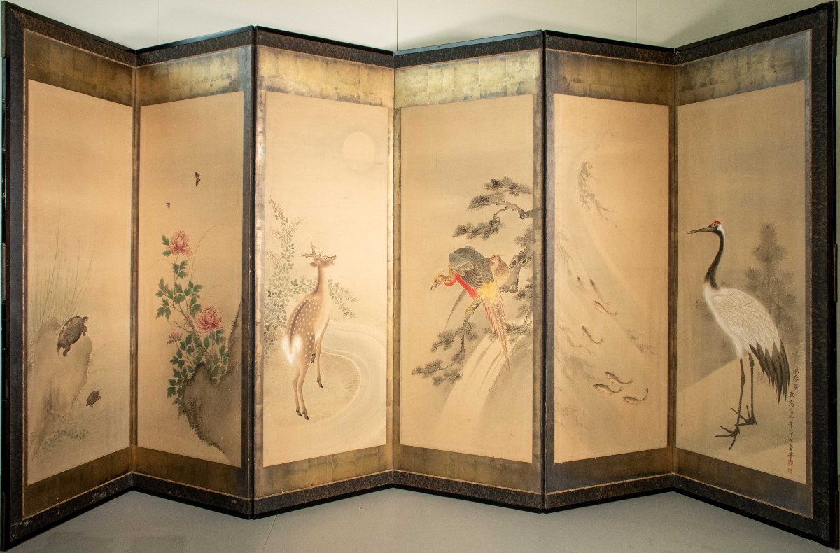 Paravento a sei pannelli raffigurante animali simbolici e peonie-photo-3