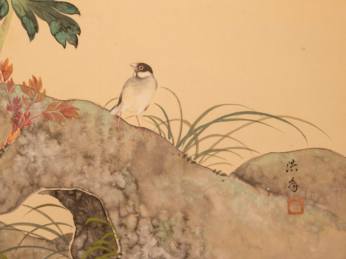 Paravento pieghevole a due ante raffigurante una scena naturalistica-photo-1