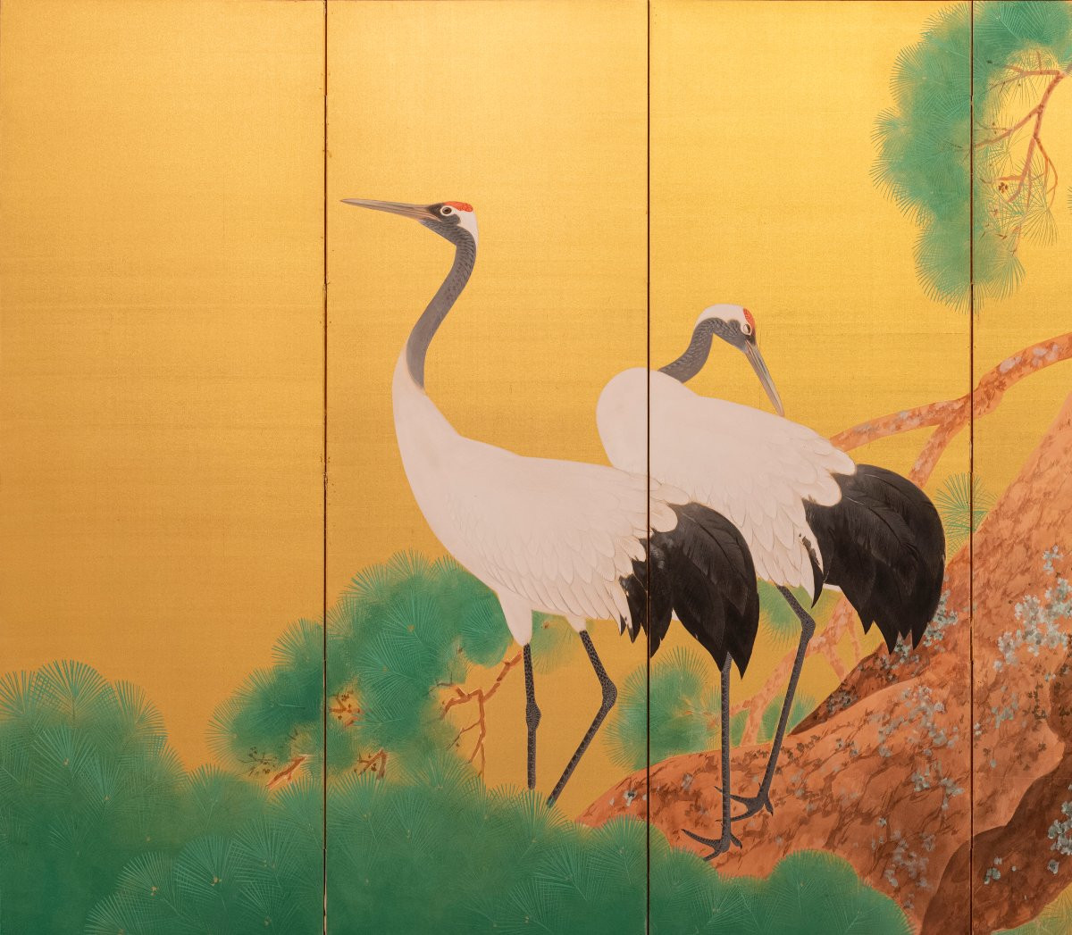 Paravento a sei pannelli con una coppia di gru della Manciuria su seta dorata-photo-2