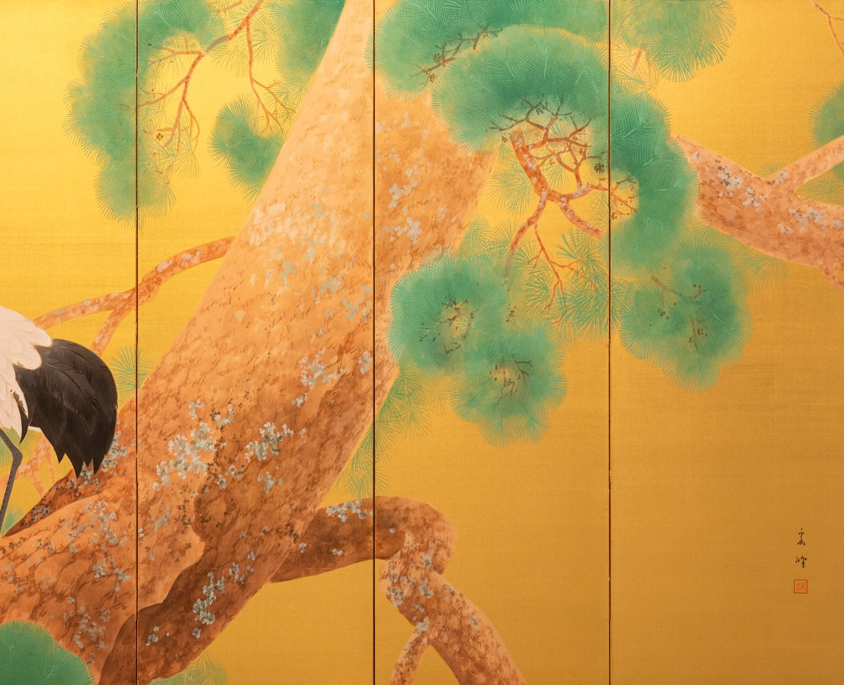 Paravento a sei pannelli con una coppia di gru della Manciuria su seta dorata-photo-3