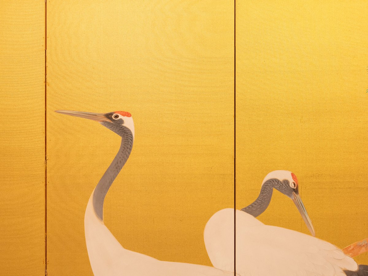 Paravento a sei pannelli con una coppia di gru della Manciuria su seta dorata-photo-4