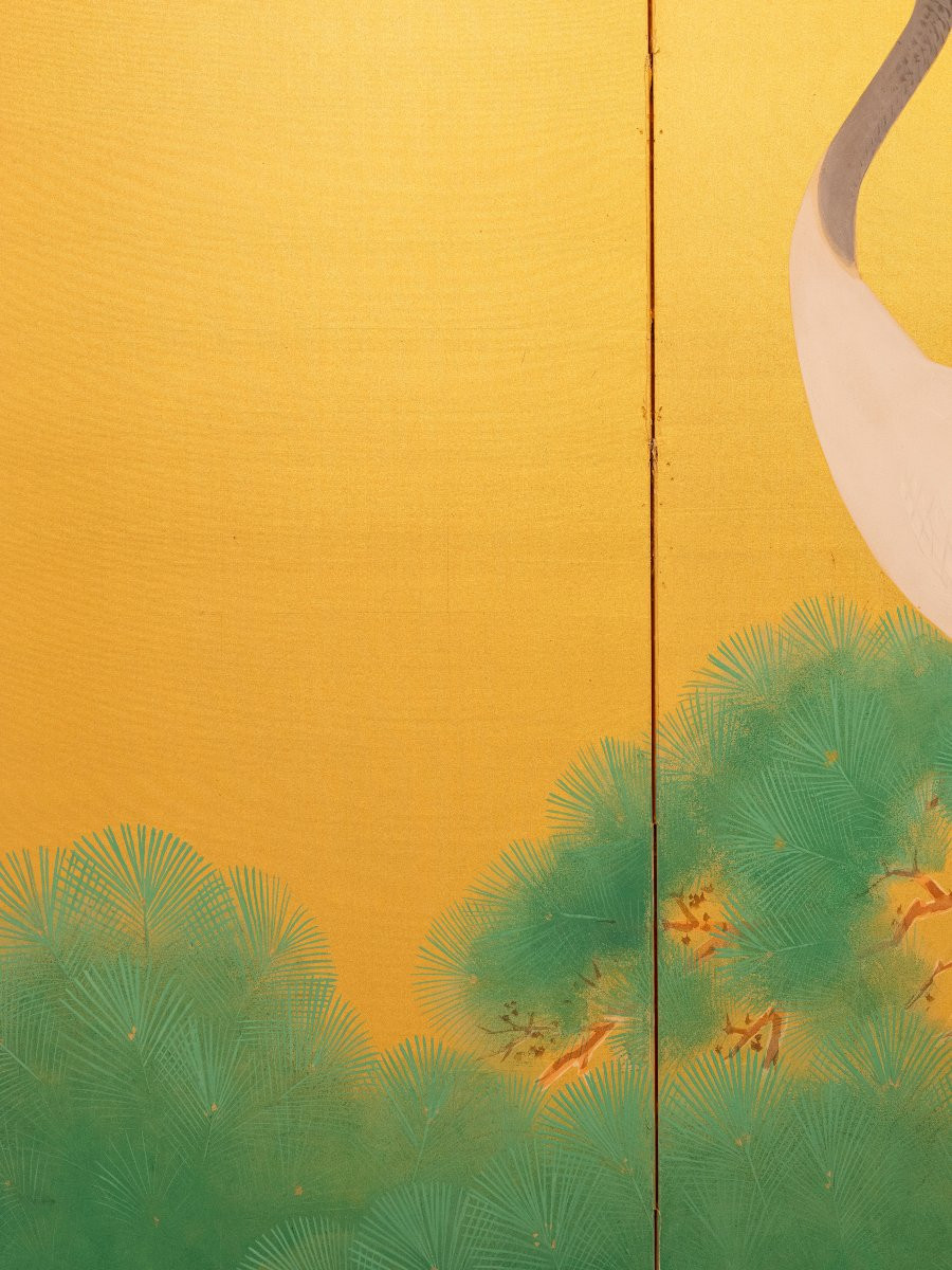 Paravento a sei pannelli con una coppia di gru della Manciuria su seta dorata-photo-1